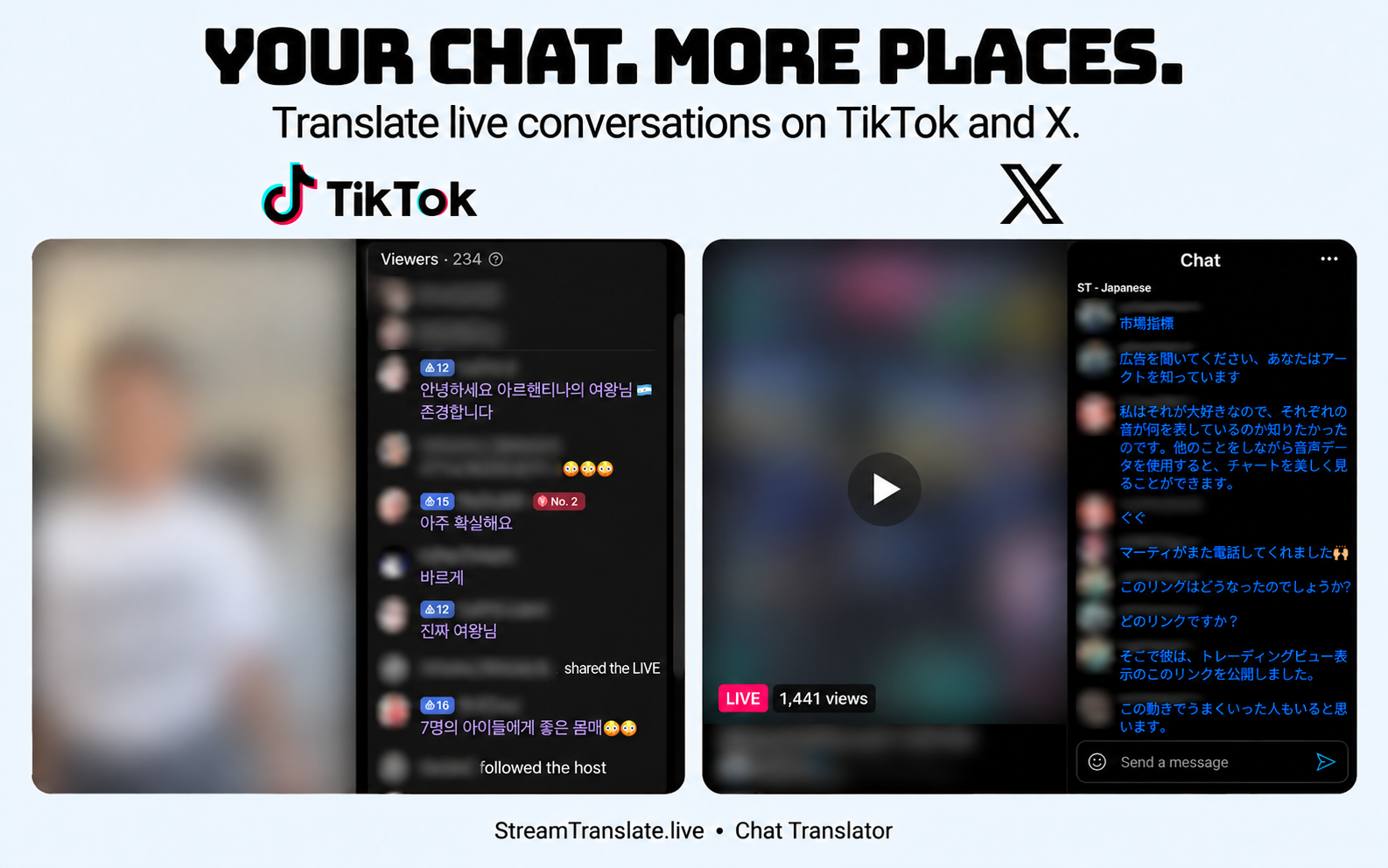 TikTok LIVE live chat with translated messages; video and identities blurred