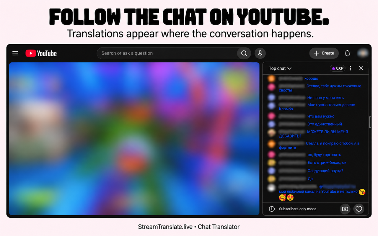 YouTube live chat with translated messages; video and identities blurred