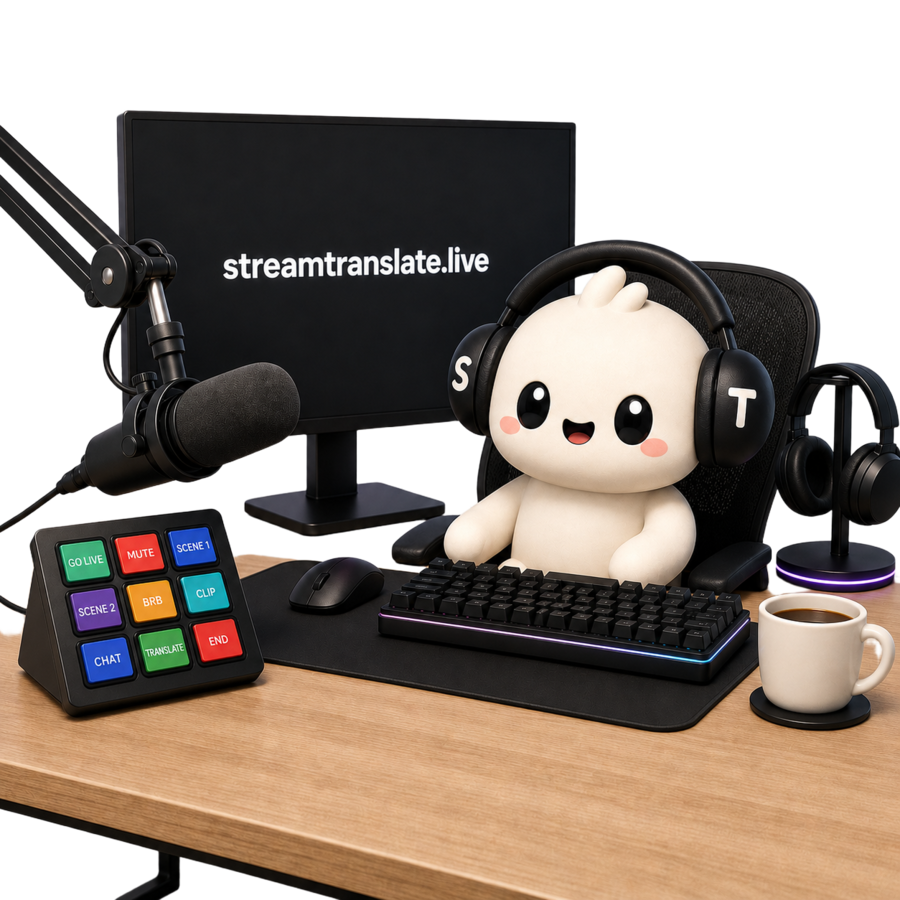 StreamTranslate mascot at a streaming desk