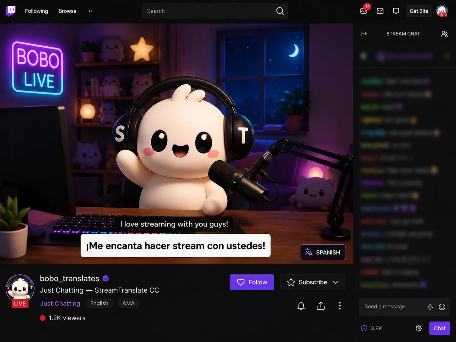Bobo streaming with live translated subtitles on Twitch