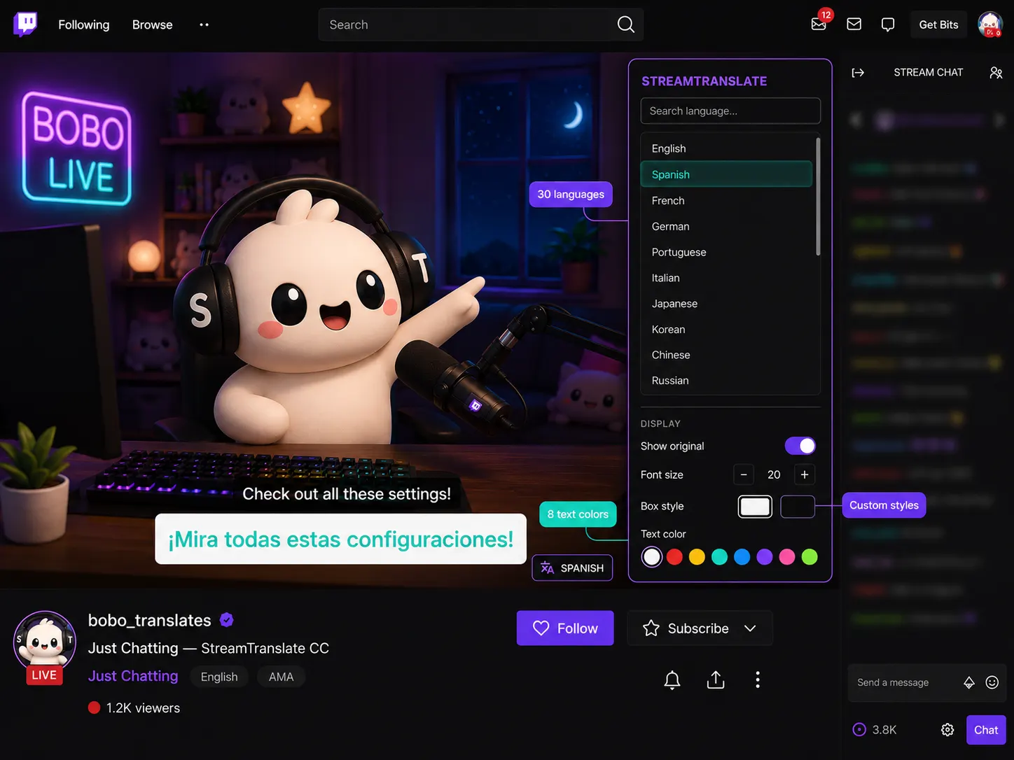Extension settings panel — viewers choose language, font, colors