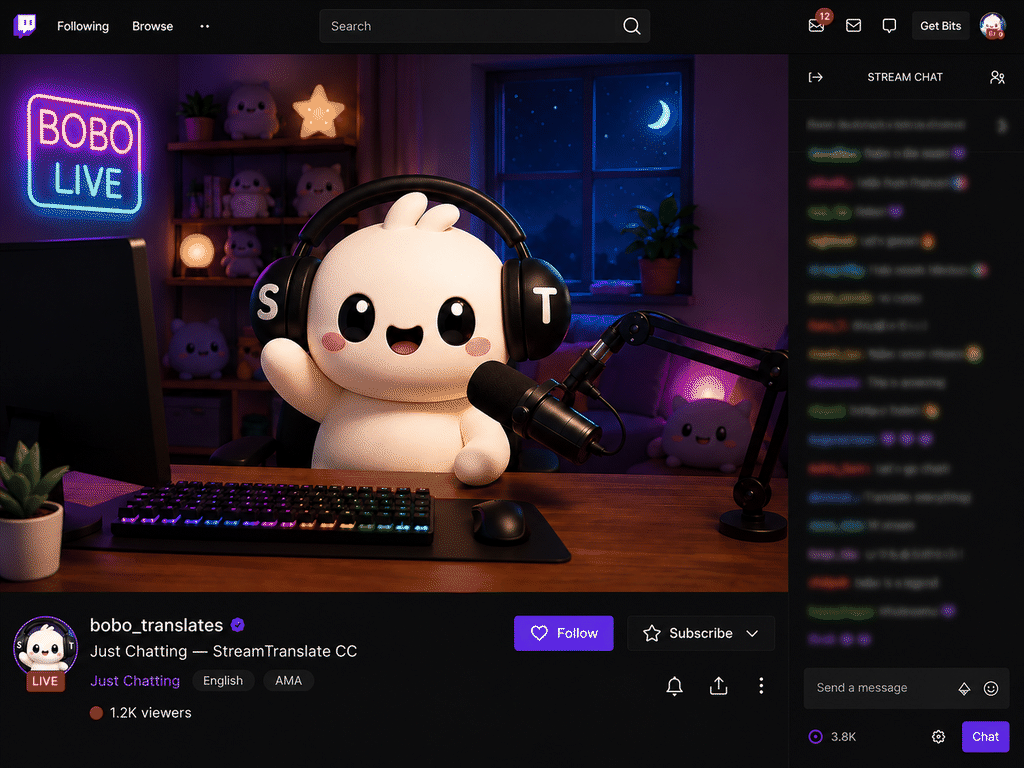 StreamTranslate Twitch Extension preview — viewers picking their own subtitle language